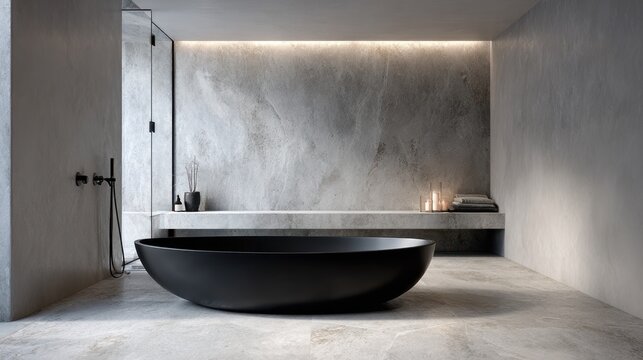 Minimalist bathroom interior features a standalone black soaking tub against textured concrete walls