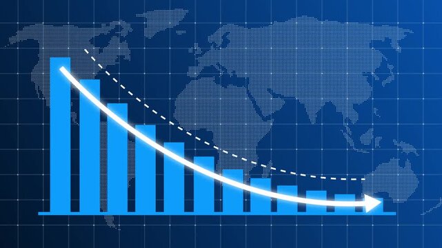 Glowing business bar chart animation with downward arrow and dotted trend line. Indicates steady revenue decline, financial loss, negative growth, and market decrease performance, Business loss graph 