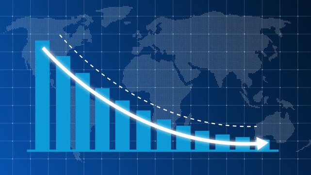 Glowing business bar chart animation with downward arrow and dotted trend line. Indicates steady revenue decline, financial loss, negative growth, and market decrease performance, Business loss graph 