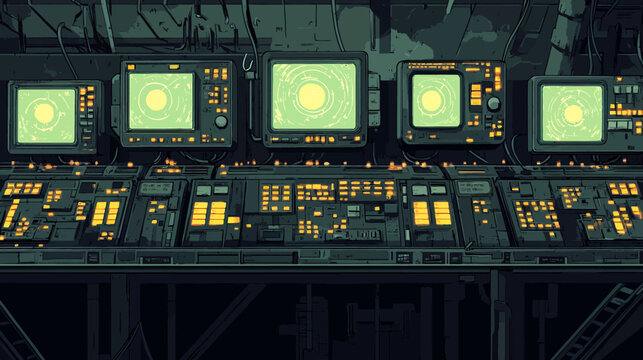 Dark industrial control room panel with five green-monitor displays showing concentric circle patterns and intricate yellow circuitry illuminated against a metal jigsaw framework
