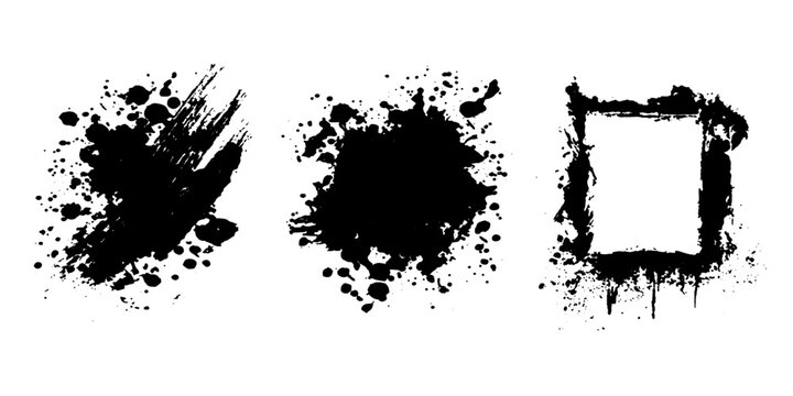 A trio of artistic ink splatters in black creates a dynamic and abstract composition, suggesting grunge, creativity, and artistic expression.