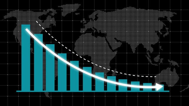 Glowing business bar chart animation with downward arrow and dotted trend line. Indicates steady revenue decline, financial loss, negative growth, and market decrease performance, Business loss graph 