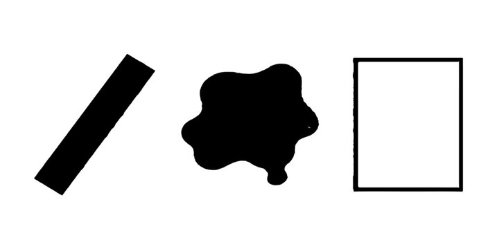 A graphic representation of three distinct shapes: a slanted black rectangle, an abstract black blob, and an outline of a white rectangle.