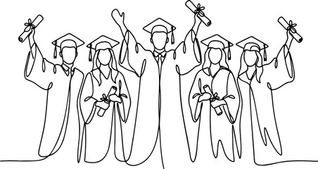 Obraz premium Graduation Celebration Group, Happy Graduates Line Art, Academic Success Vector, Graduates Throwing Caps, University Graduation Celebration Outline Illustration.