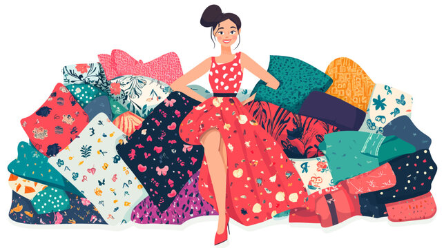 Woman in red floral dress sits amidst colorful patchwork cushions radiating joy, warmth, and whimsical patterns