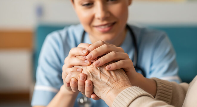 Detailed close-up of a compassionate nurse holding the wrinkled hand of an elderly patient, symbolizing empathy, clinical care, medical support, and professional assistance in senior healthcare.