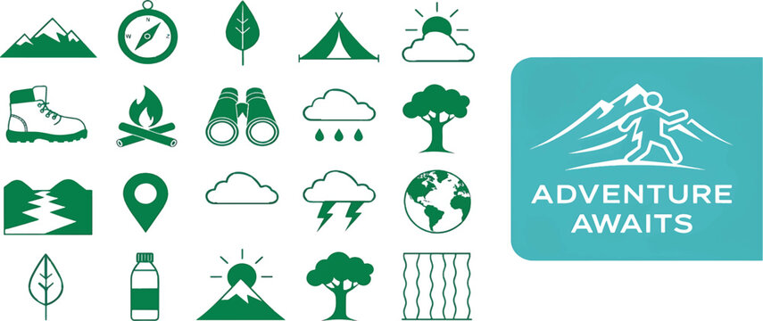 Adventure icon set with travel, camping, map, direction, discovery, exploration, nature, and journey symbols for websites, apps, and branding.Vector Eps