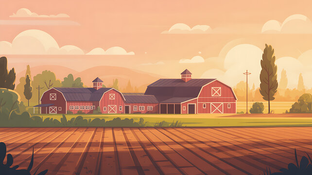 Red barn farm buildings overlooking a plowed field at golden hour with agriculture, landscape