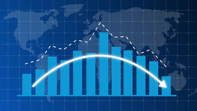Blue business bar chart with declining curved arrow and dotted downward trend line. Indicates revenue decrease, market downturn, financial loss, risk analysis, negative performance, Business loss fall