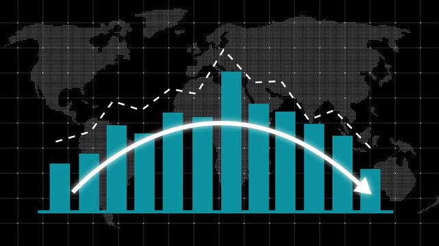 Blue business bar chart with declining curved arrow and dotted downward trend line. Indicates revenue decrease, market downturn, financial loss, risk analysis, negative performance, Business loss fall