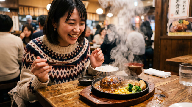Happy Asian woman eating hot sizzling hamburger steak at a traditional Japanese restaurant