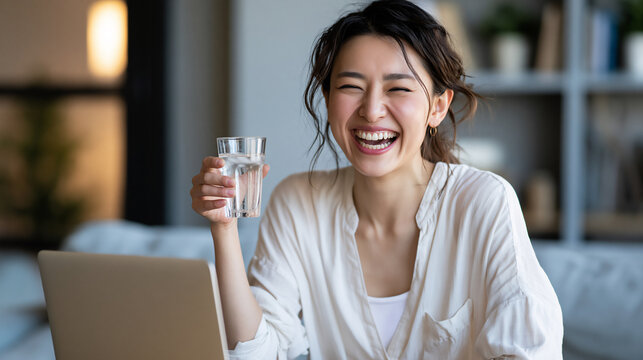Joyful young woman laughing while drinking a glass of fresh water in front of her laptop
