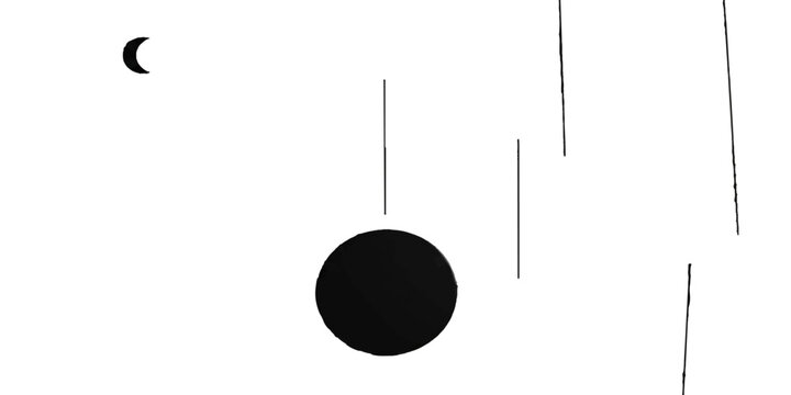 A simple black circle pendulum swings against a white background, casting a subtle shadow and evoking a sense of calm movement and scientific inquiry.