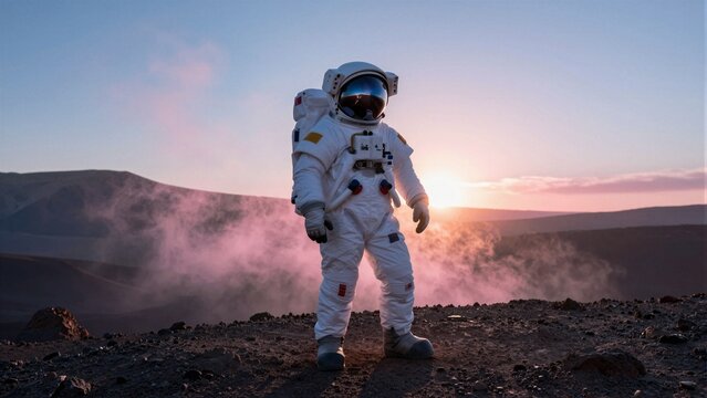 Spaceman astronaut standing on rocky terrain with pink smoke and sunset background.