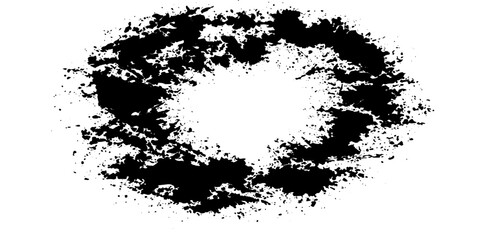 Fototapeta premium A black ink splatter forms an abstract circular shape, resembling a dirty halo or a cosmic explosion, against a stark white background.
