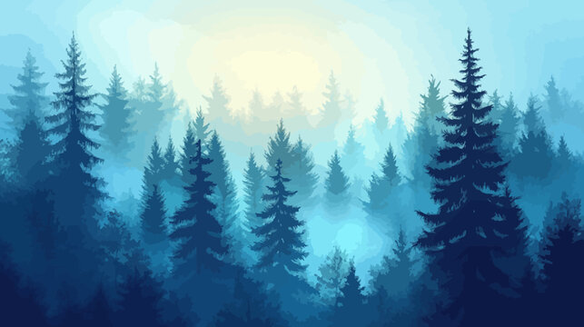 Serene forest with misty gradient peaks, towering dark trees against soft light, ethereal twilight or morning calm. Tranquil, depth of field