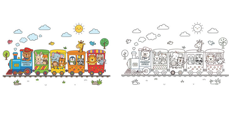 Cute cartoon animal train coloring page and colorful vector illustration. Friendship Express locomotive with wild animals for kids activity book