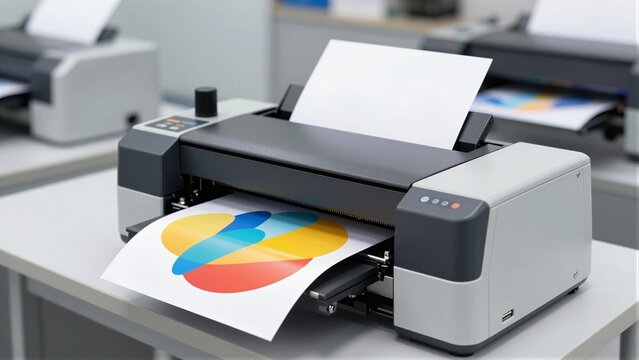 A sleek modern printer outputs a vividly colored document on glossy paper in a clean, professional workspace with soft focus background.