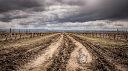 Fototapeta premium Deep tire tracks mark a muddy rural lane dividing dormant grape cultivation rows under a brooding overcast sky