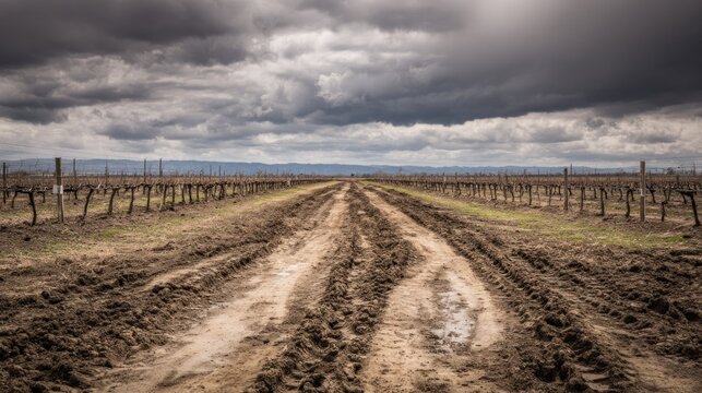 Deep tire tracks mark a muddy rural lane dividing dormant grape cultivation rows under a brooding overcast sky