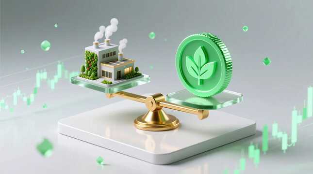Balancing industrial impact and ecological value on digital scale for global corporate emissions compliance symbolizing crucial sustainable finance investment decisions