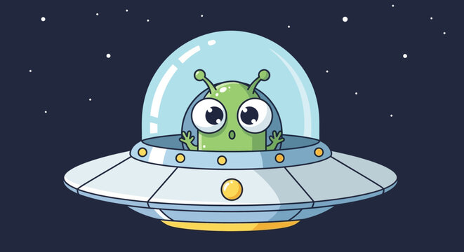 Cute alien in flying saucer, space travel, cartoon style