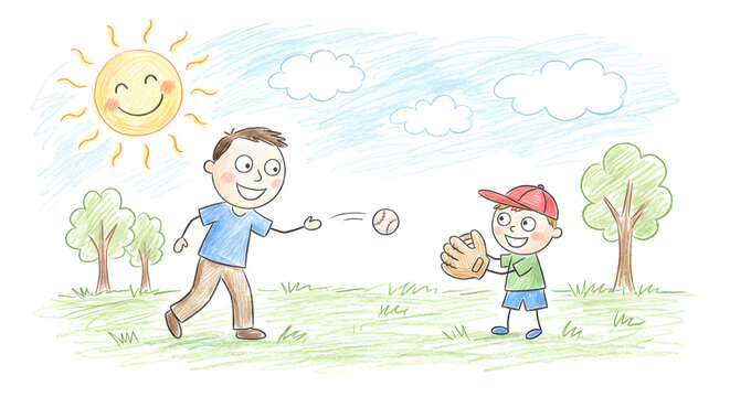 Childlike colored pencil drawing for fathers day, kid's gift card with dad, 父の日 お父さん 子供のイラスト 色鉛筆 Vatertag f&ecirc;te des p&egrave;res