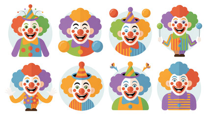 Naklejka premium Colorful cartoon clowns and circus characters celebrating with confetti and balloons Vector