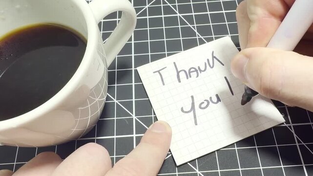 A Handwritten Thank you note with a cup of coffee.