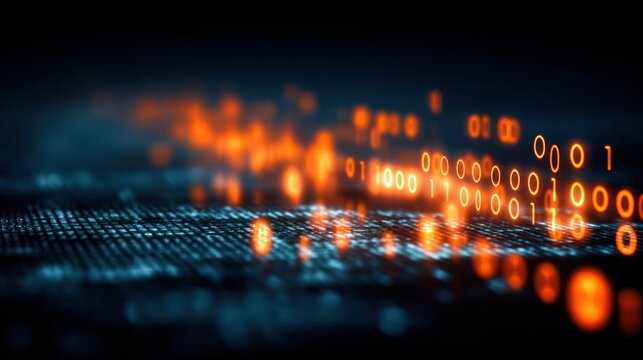 Glowing binary code flows across a dark digital surface with a shallow depth of field