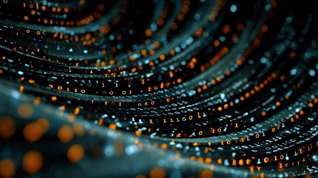 Streams of glowing binary code flow in a dark, abstract digital tunnel