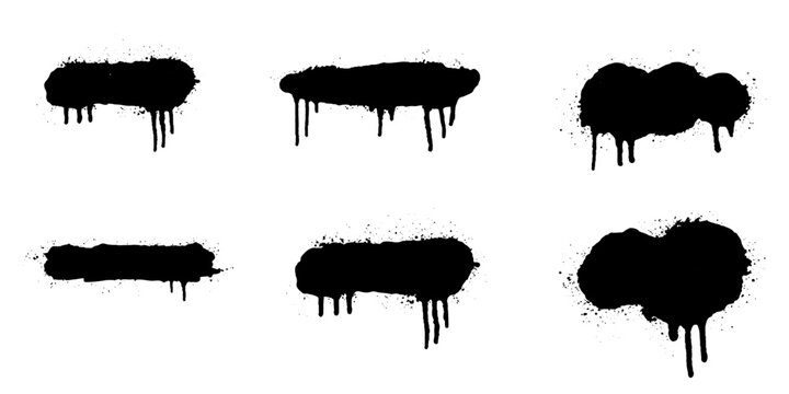 A set of six black spray paint splatters and drips isolated on a white background, perfect for graphic design and urban art projects.