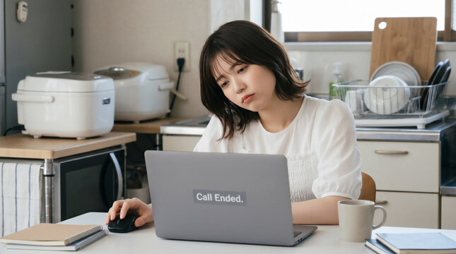Tired remote worker looking down at her laptop after an online meeting ended
