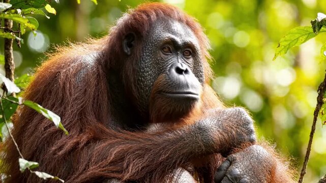 Orangutan resting in lush green jungle foliage