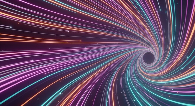 Abstract neon light trails swirling into a cosmic vortex tunnel for high speed data transmission and futuristic digital technology background