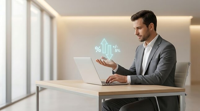 Businessman holding glowing percentage up and down arrows working on laptop in office concept of interest rates and inflation