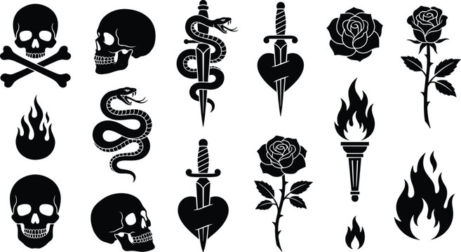 Black and white of skulls animals and plants in flat style death head snake des
