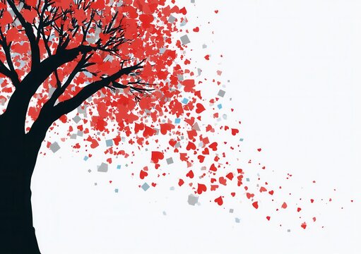 Red hearts and squares fall from tree branches in a simple design showing a modern scene of love and nature