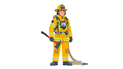 Fototapeta premium Brave firefighter ready for action in full gear with axe and hose