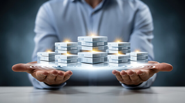 Data center server infrastructure cloud computing technology stack hand futuristic support digital platform network storage system hardware