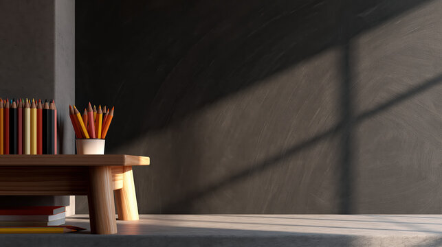 Empty classroom desk with pencils and sunlight shadow, school reopening concept