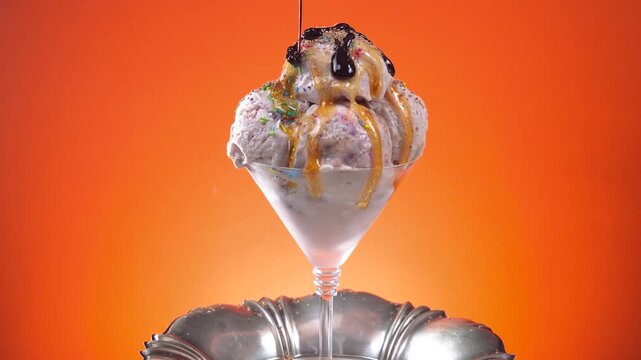 Ice cream in a glass goblet slowly rotates around its axis and is drizzled with chocolate fudge.