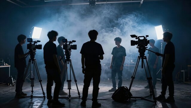 Silhouette of film crew operating cameras and lighting equipment in a smoky studio environment.