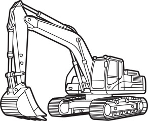 Heavy duty excavator vehicle with tracked base and large bucket and equipment and machinery in outline style © Nur