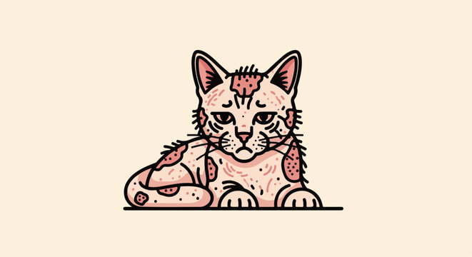 A sad, pink-spotted cat with a distressed expression rests