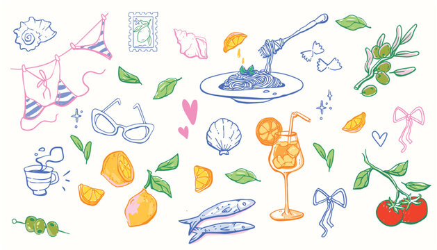 Vintage sketch pattern with Italian food, hand, drawn icons. Vector illustration of doodle pasta, sardines, lemons, coffee, bikini and cocktail for summer vacation poster, Mediterranean coastal design