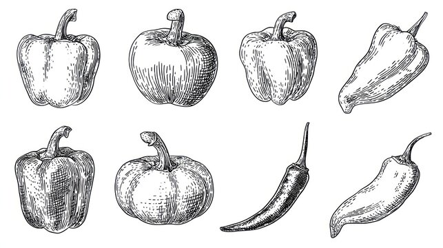 Collection of various botanical drawings depicting different types of peppers and gourds in engraving style