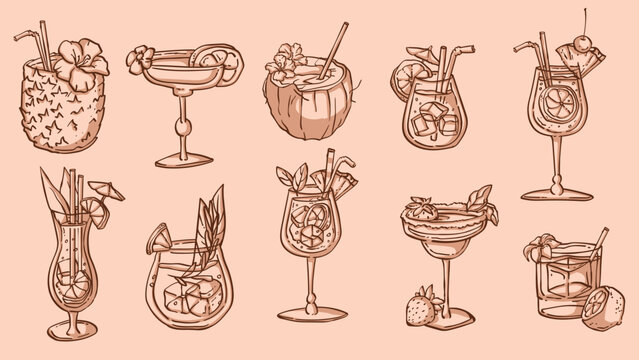 Tropical drinks collection in sketch style. Vector set of vintage cocktail illustrations with ice, lemon slices, fruit and hibiscus flower decor, alcohol beverages with umbrella for bar menu design