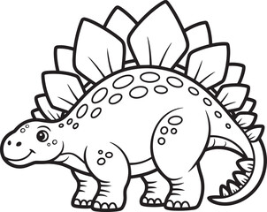 A friendly stegosaurus dinosaur illustration with distinctive back plates and a spiked tail and black and white, crawly and in outline style © Nur