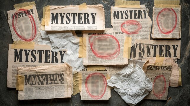 Newspapers with the word mystery appear on a surface, showcasing old articles and clippings about missing persons and unsolved cases